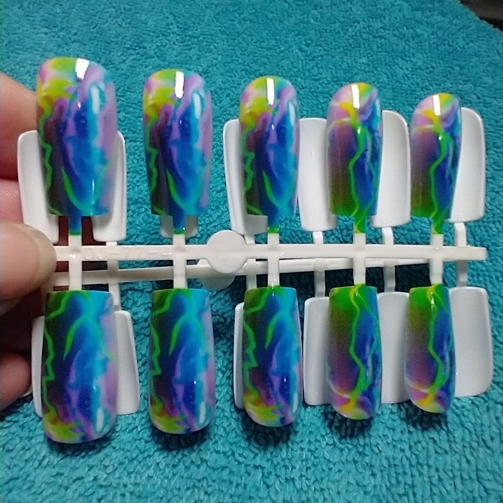 Press on nails blue purple green lightning nail set multicolor watercolor